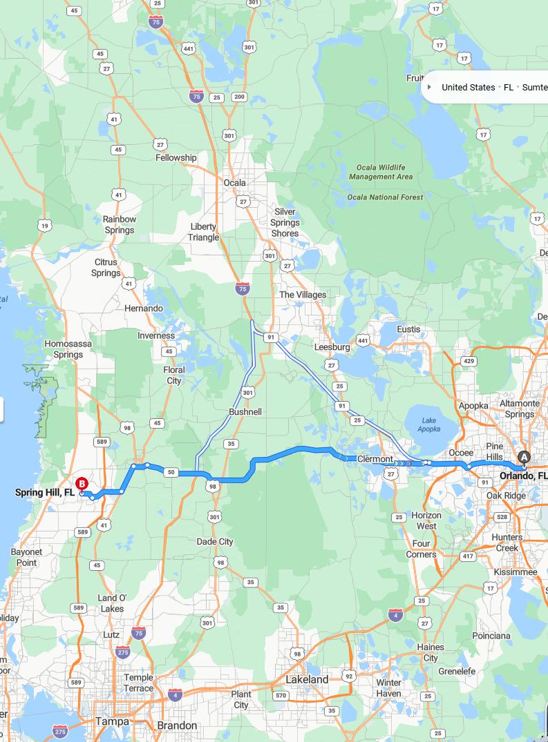 driving from Orlando, Florida to Spring HillFlorida - map and route