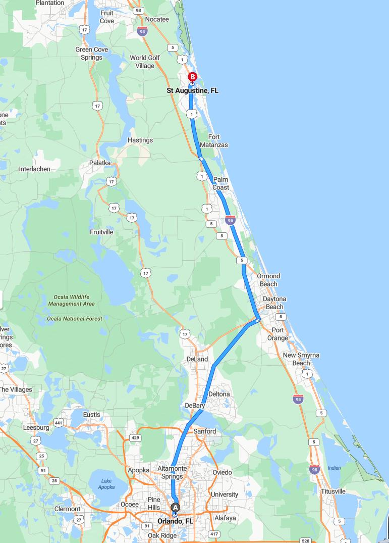 driving from Orlando, Florida to St. AugustineFlorida - map and route