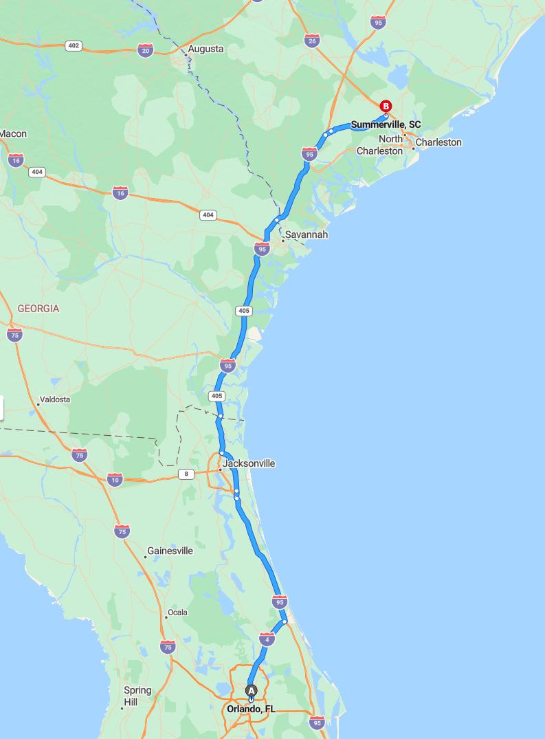 driving from Orlando, Florida to SummervilleSouth Carolina - map and route
