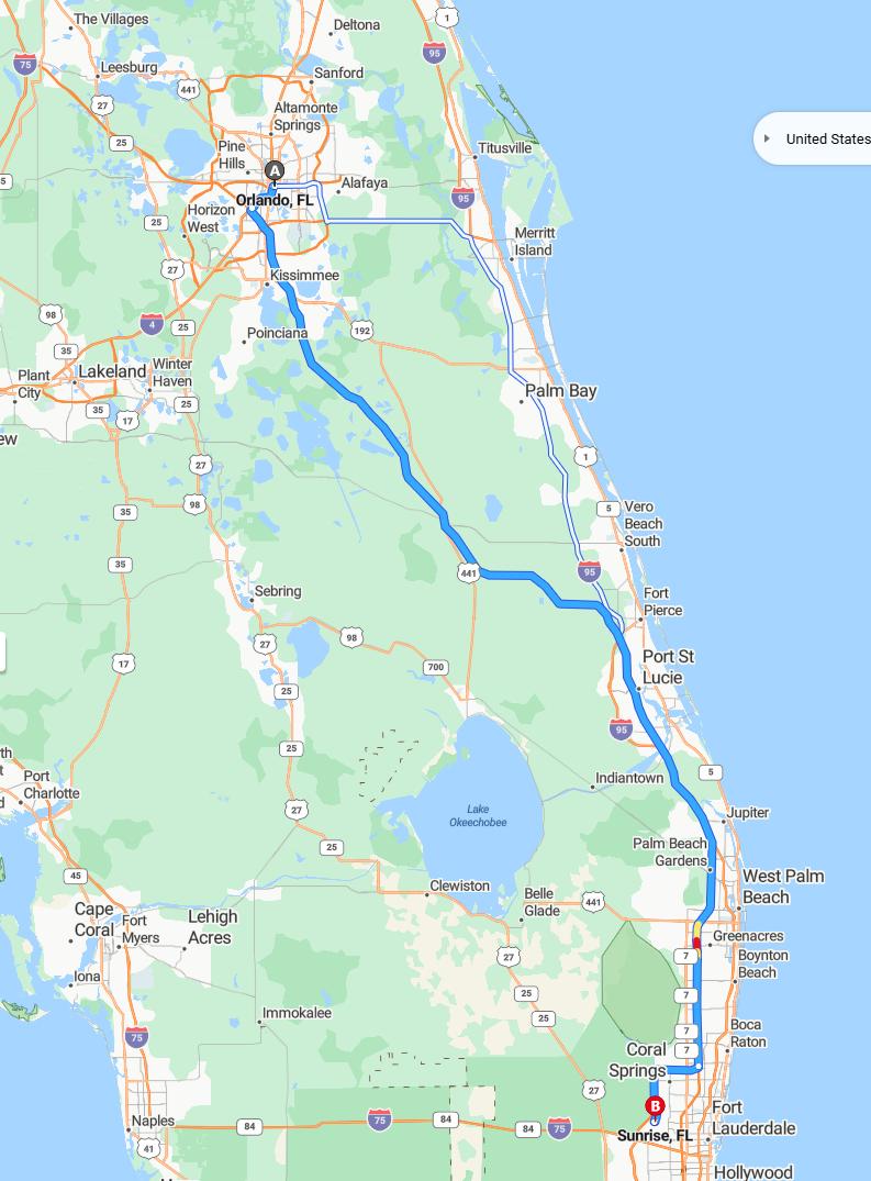 driving from Orlando, Florida to SunriseFlorida - map and route
