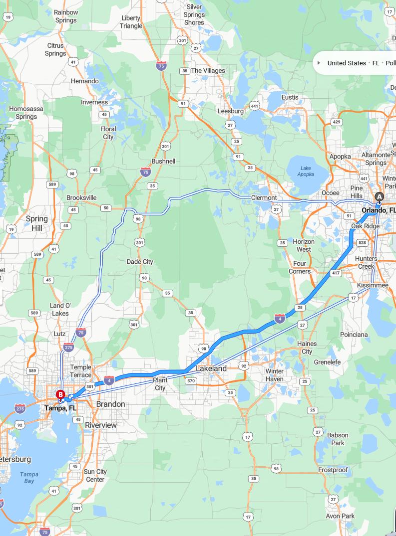 driving from Orlando, Florida to TampaFlorida - map and route