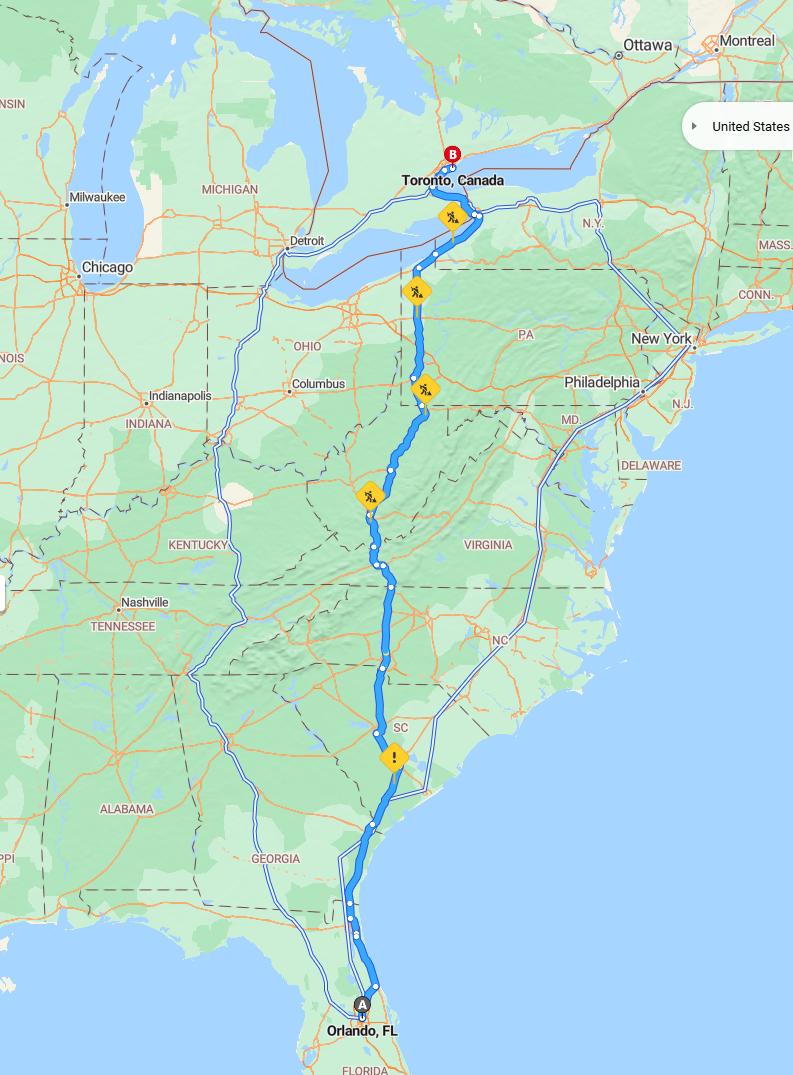 driving from Orlando, Florida to TorontoOntario - map and route