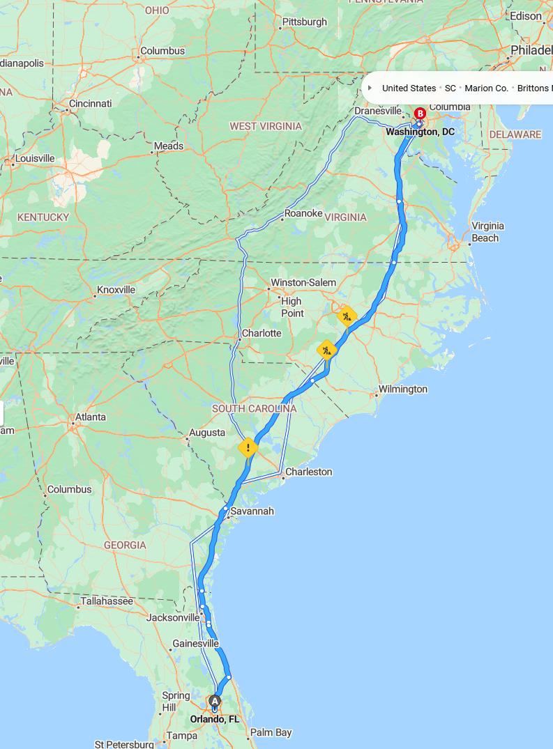 driving from Orlando, Florida to WashingtonDistrict of Columbia - map and route