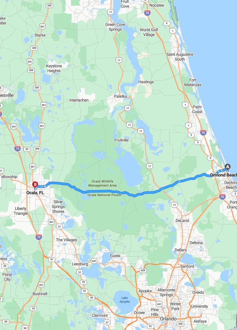 driving from Ormand Beach, Florida to OcalaFlorida - map and route