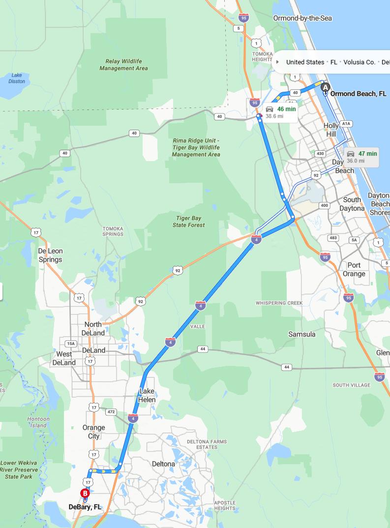 driving from Ormond Beach, Florida to DeBaryFlorida - map and route