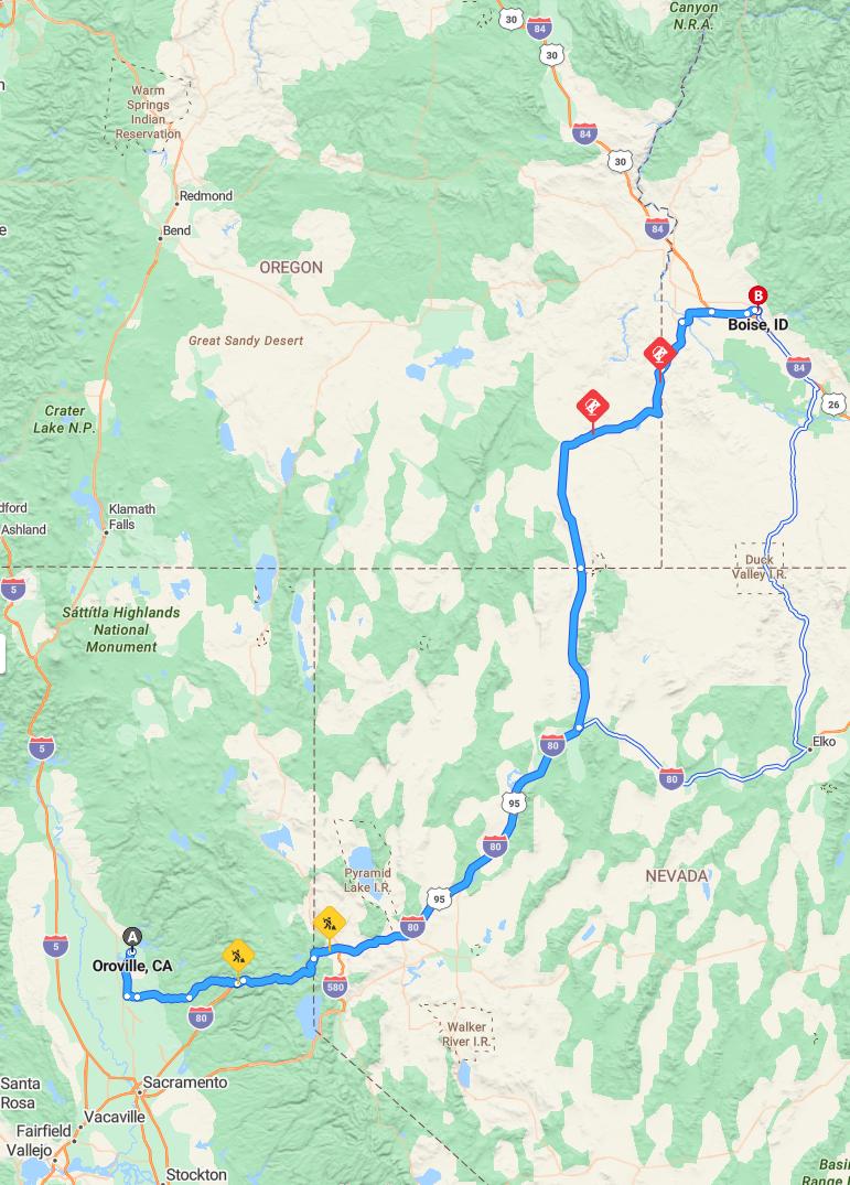 driving from Oroville, California to BoiseIdaho - map and route