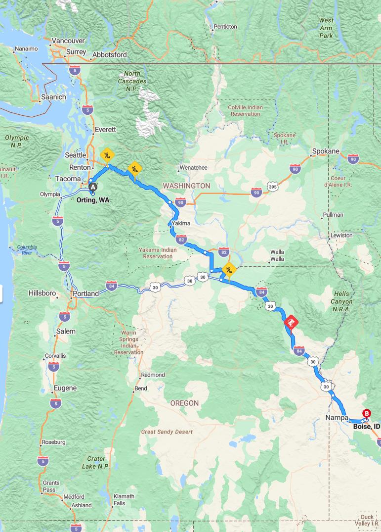 driving from Orting, Washington to BoiseIdaho - map and route