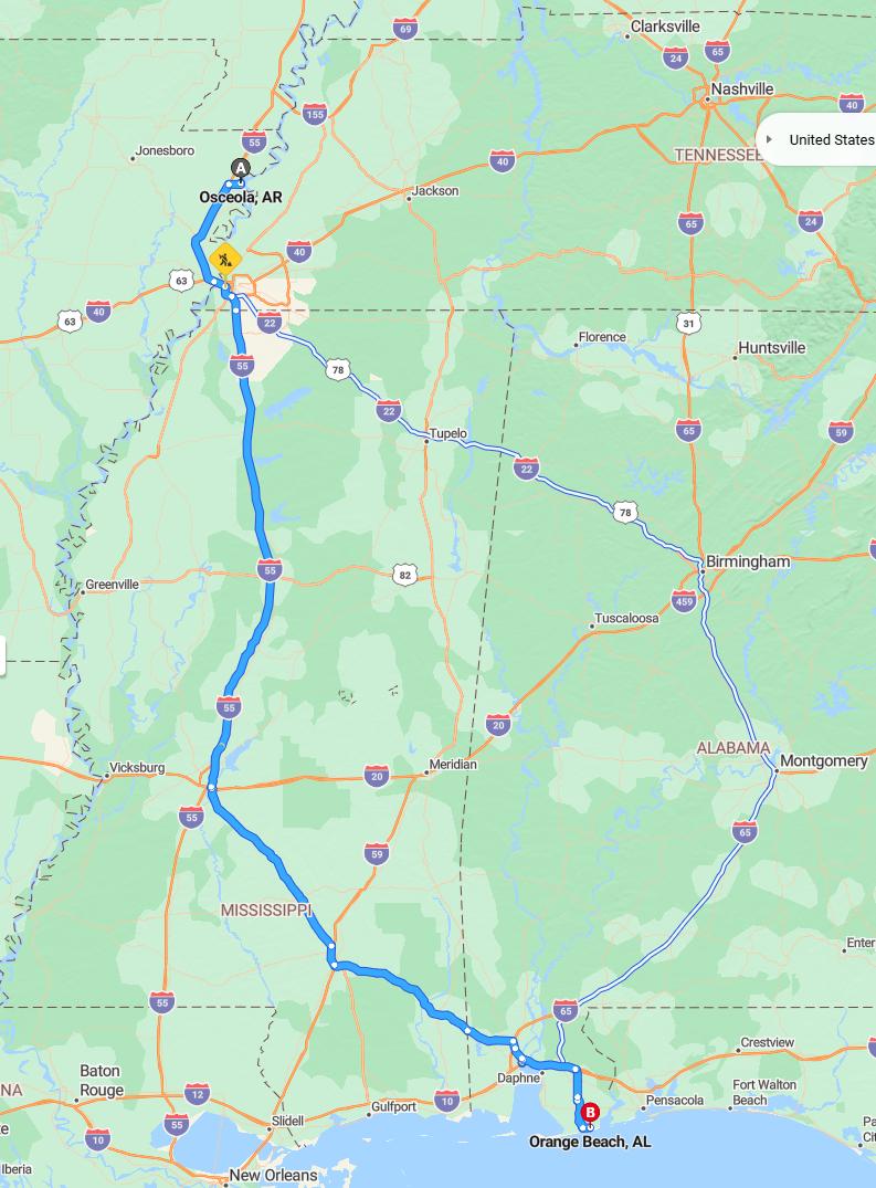 driving from Osceola, Arkansas to Orange BeachAlabama - map and route