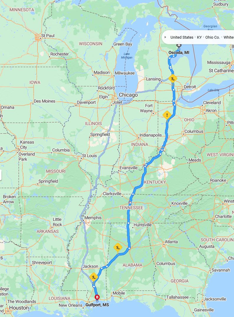 driving from Oscoda, Michigan to GulfportMississippi - map and route