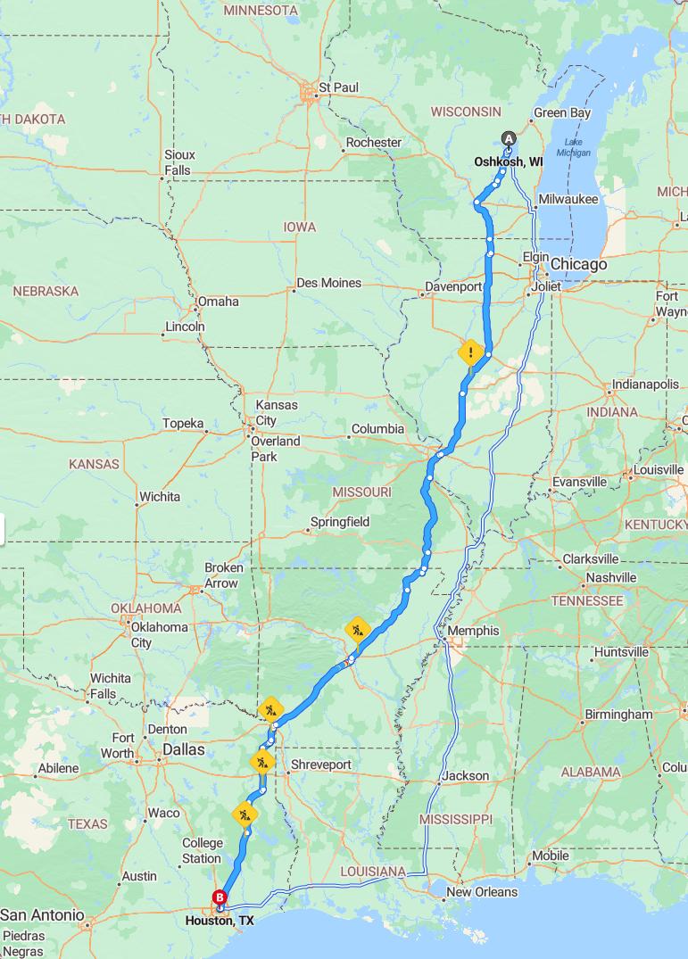 driving from Oshkosh, Wisconsin to HoustonTexas - map and route
