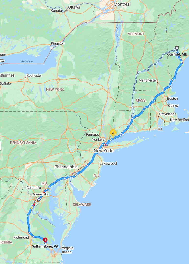 driving from Otisfield, Maine to WilliamsburgVirginia - map and route