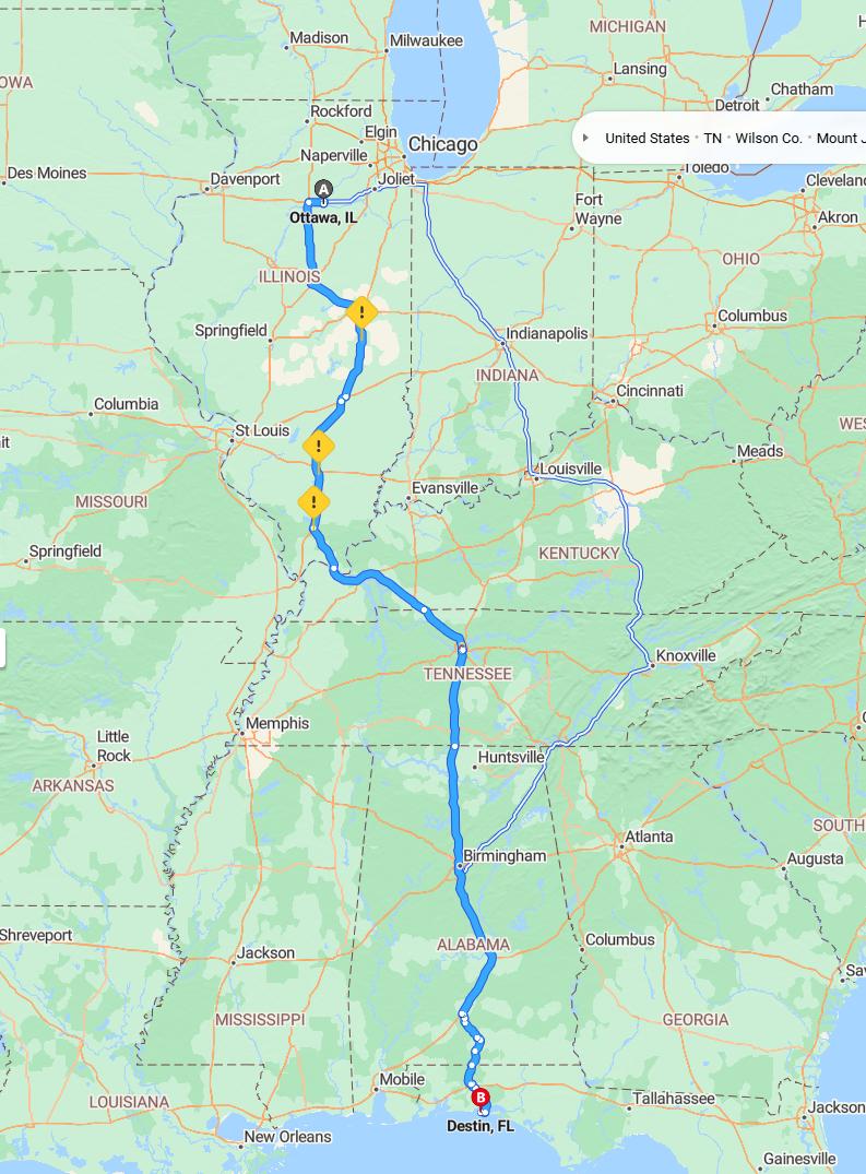 driving from Ottawa, Illinois to DestinFlorida - map and route