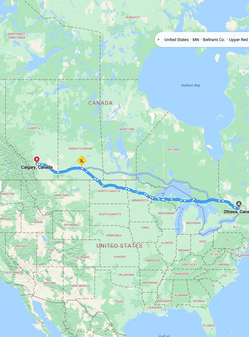 driving from Ottawa, Ontario to CalgaryAlberta - map and route