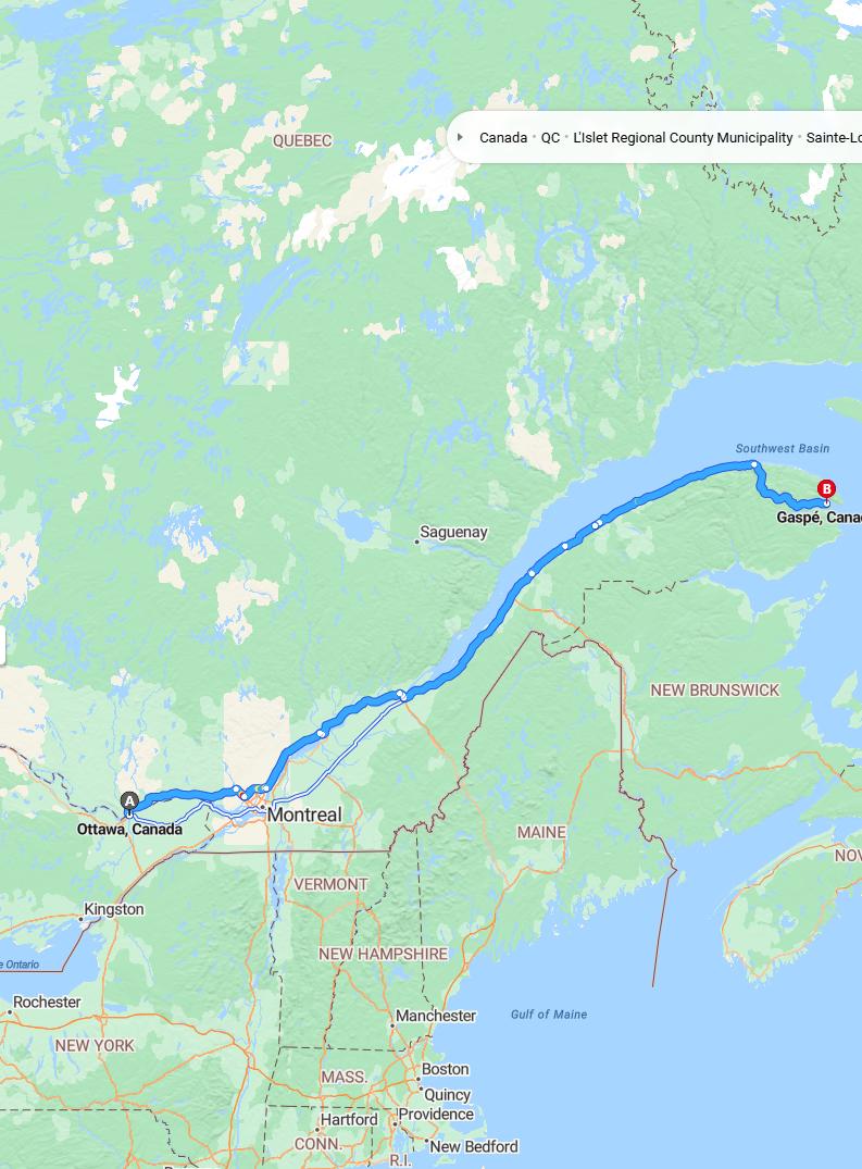 driving from Ottawa, Ontario to GaspeQuebec - map and route
