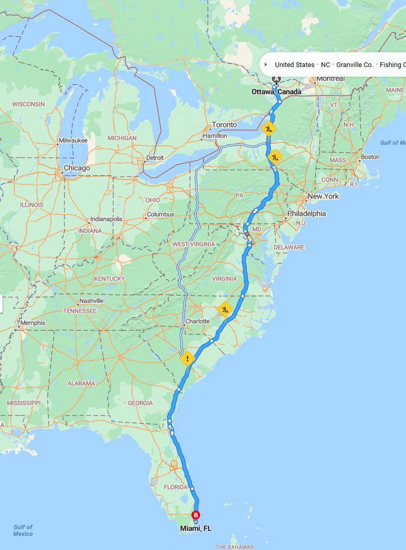 driving from Ottawa, Ontario to MiamiFlorida - map and route