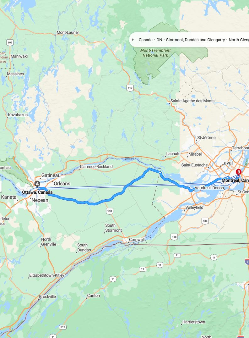 driving from Ottawa, Ontario to MontrealQuebec - map and route