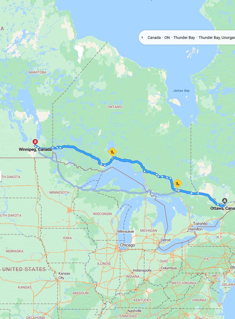 driving from Ottawa, Ontario to WinnipegManitoba - map and route
