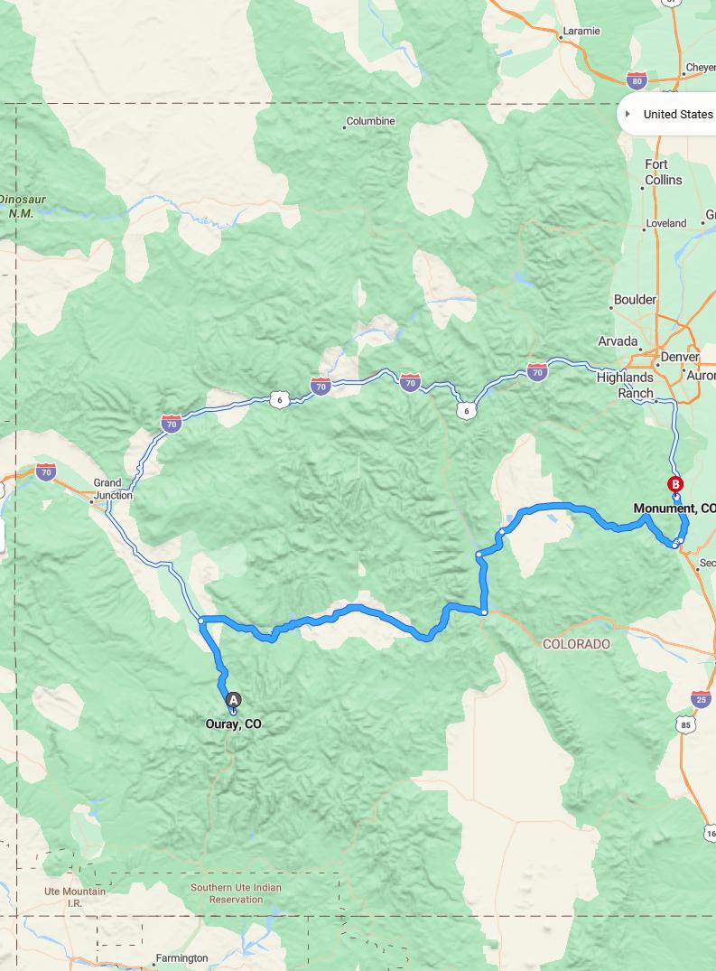 driving from Ouray, Colorado to MonumentColorado - map and route