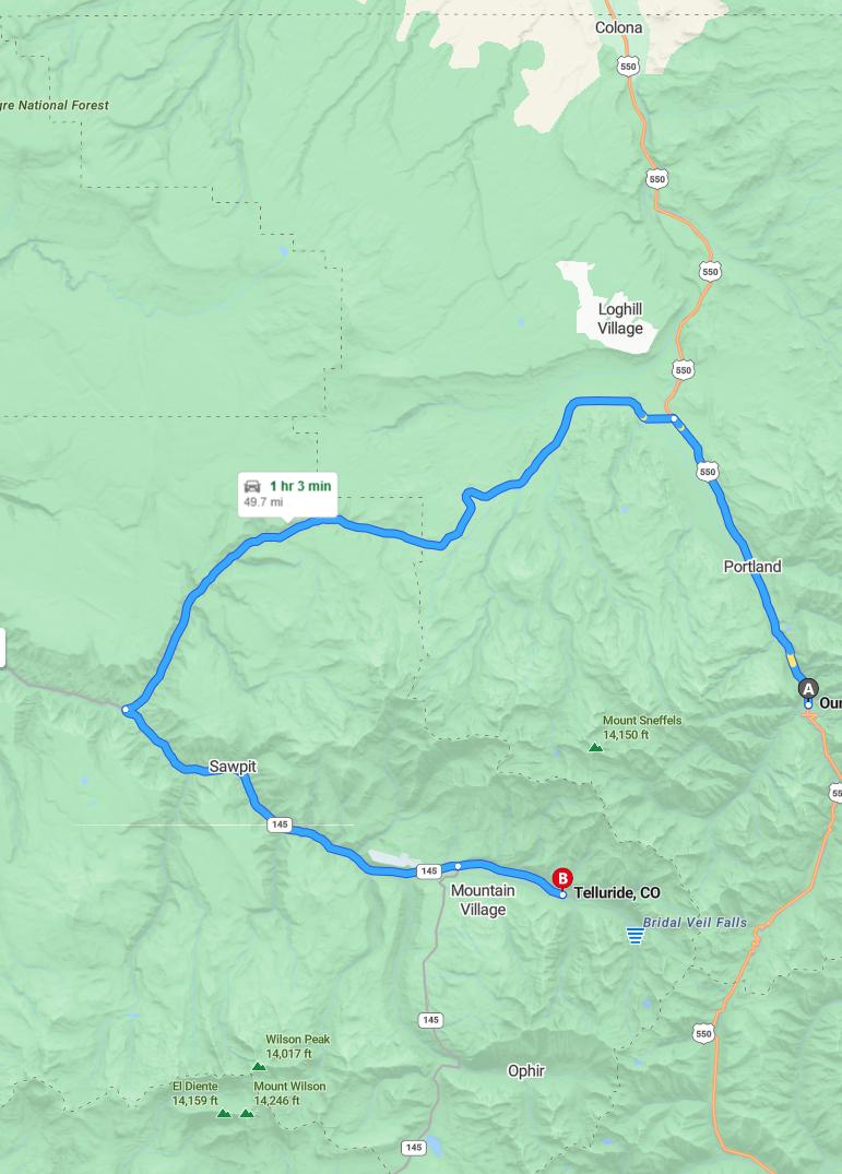driving from Ouray, Colorado to TellurideColorado - map and route
