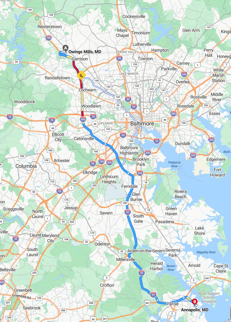 driving from Owings Mills, Maryland to AnnapolisMaryland - map and route