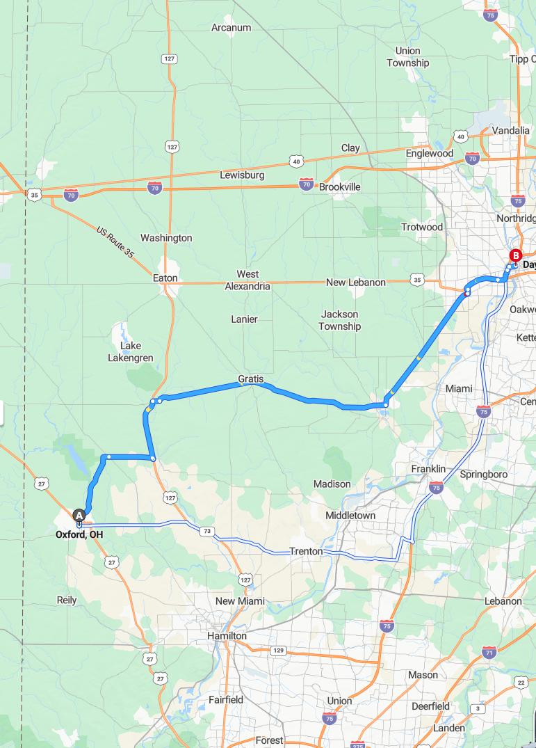driving from Oxford, Ohio to DaytonOhio - map and route