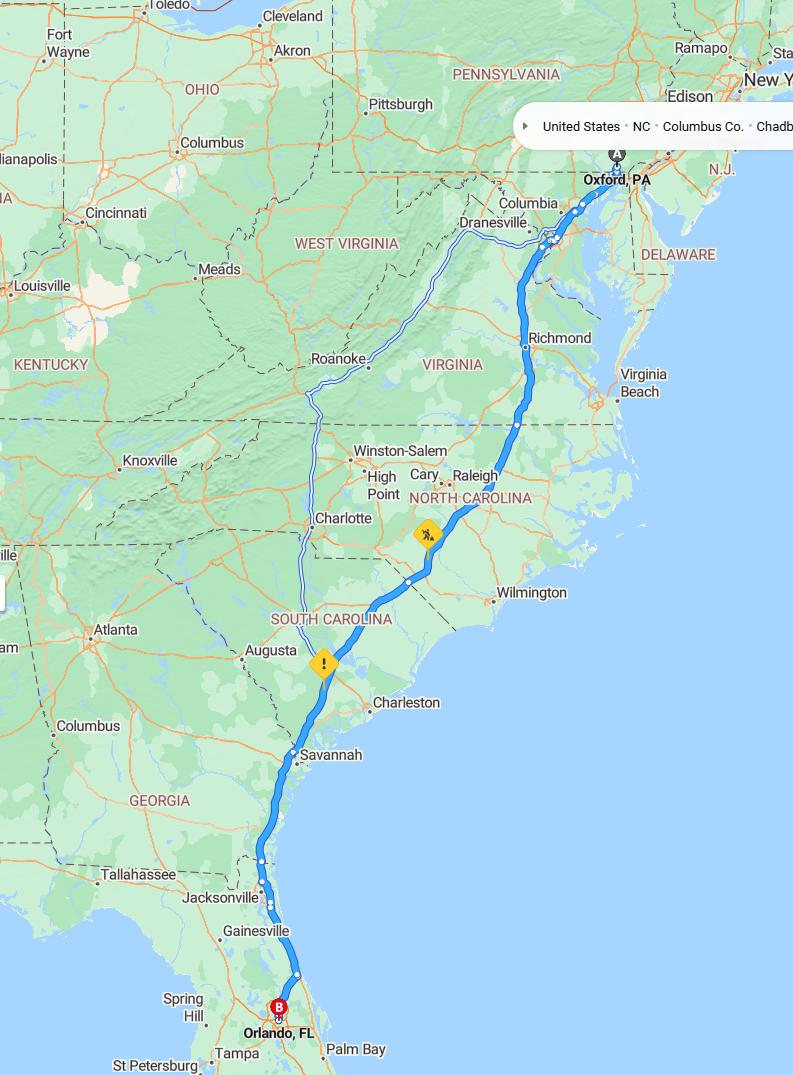 driving from Oxford, Pennsylvania to OrlandoFlorida - map and route