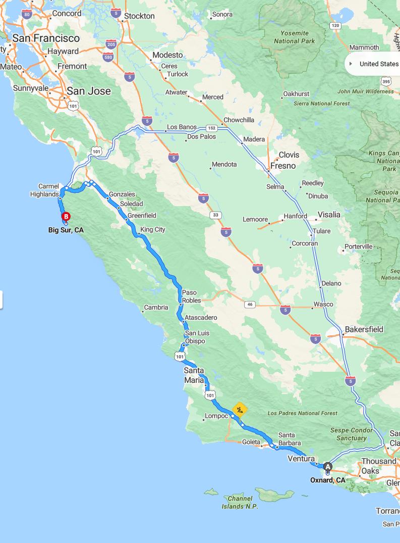 driving from Oxnard, California to Big SurCalifornia - map and route