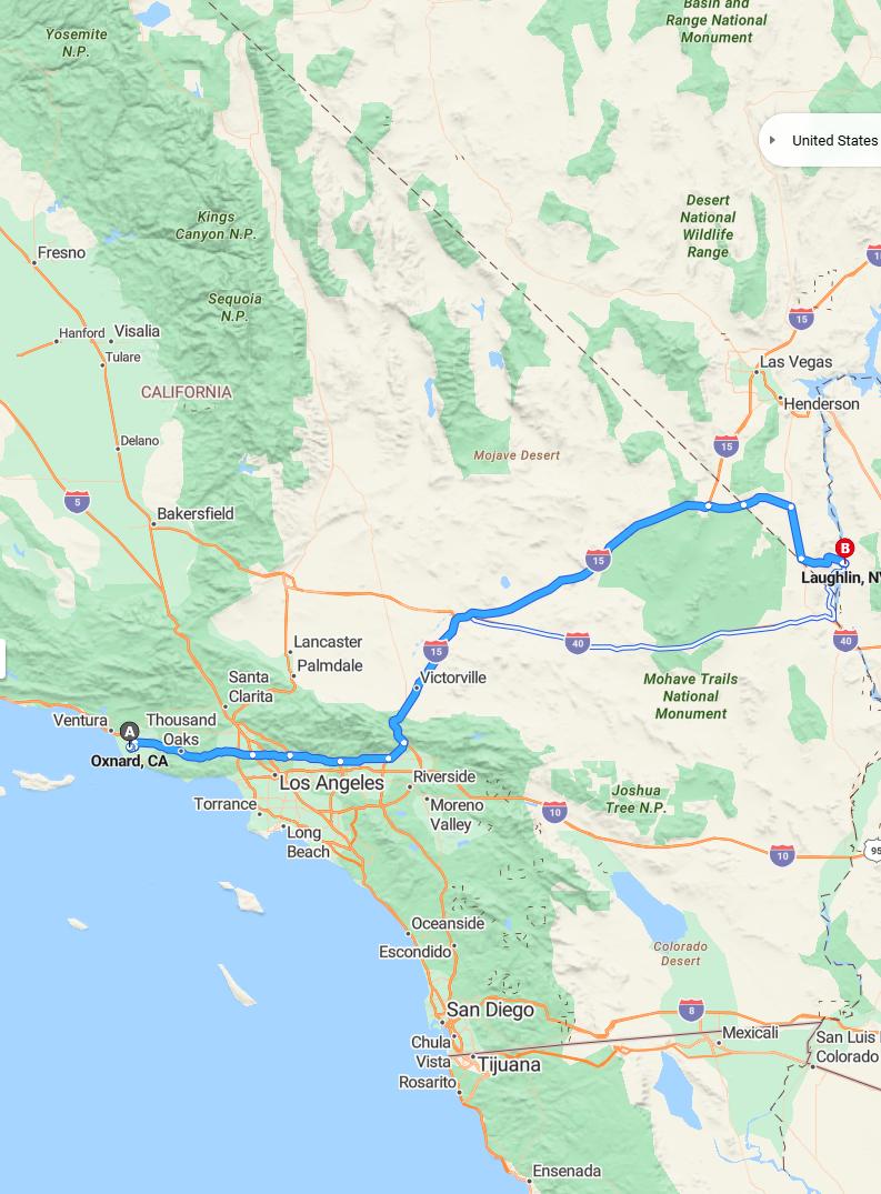 driving from Oxnard, California to LaughlinNevada - map and route