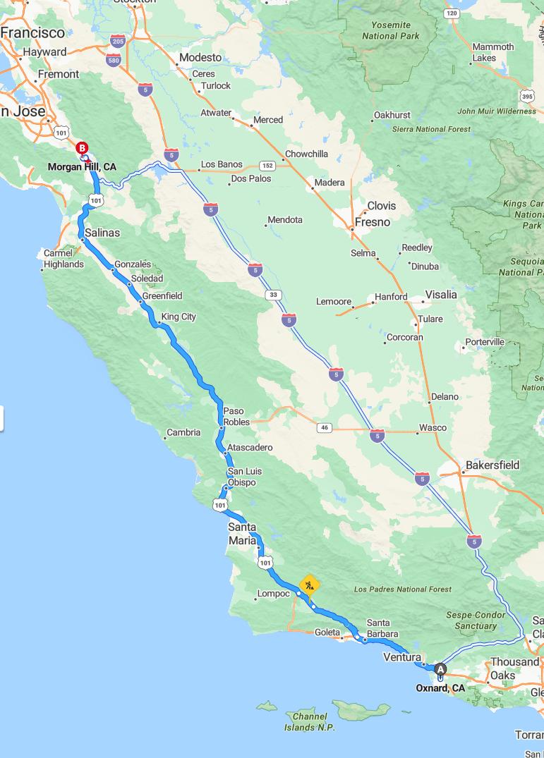 driving from Oxnard, California to Morgan HillCalifornia - map and route