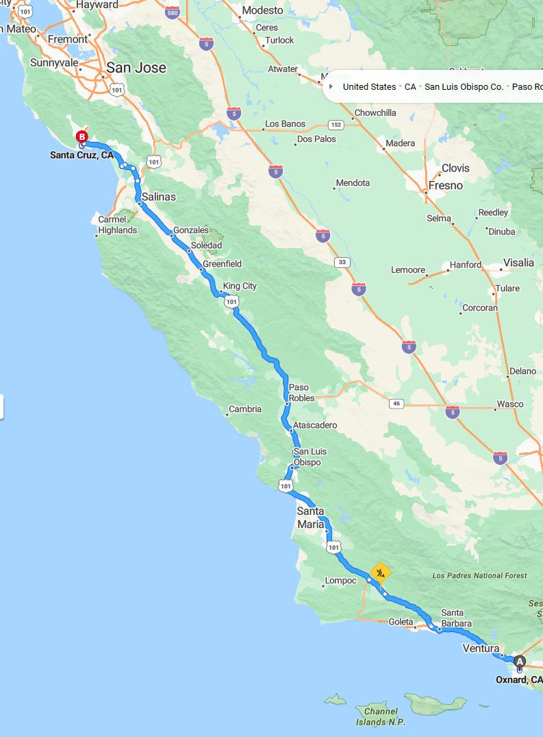 driving from Oxnard, California to Santa CruzCalifornia - map and route