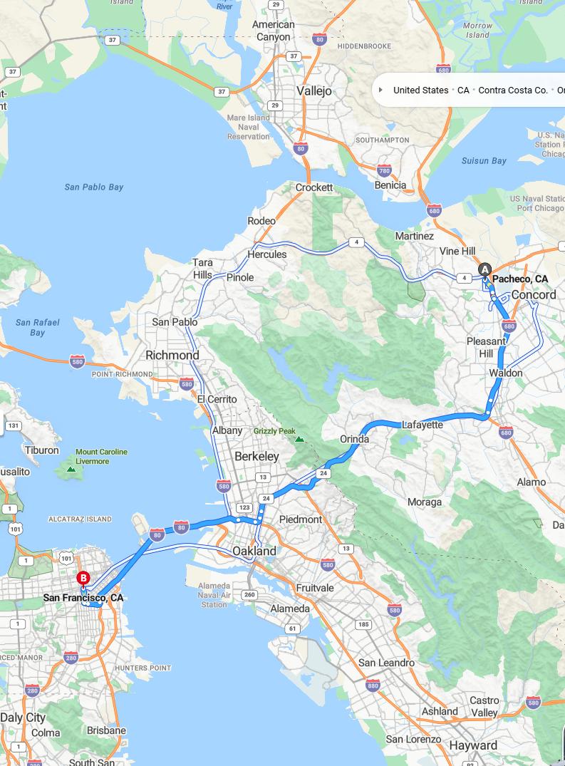 driving from Pacheco, California to San FranciscoCalifornia - map and route