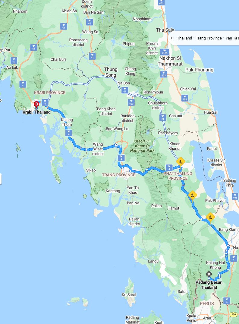 driving from Padang Besar, Thailand to KrabiThailand - map and route