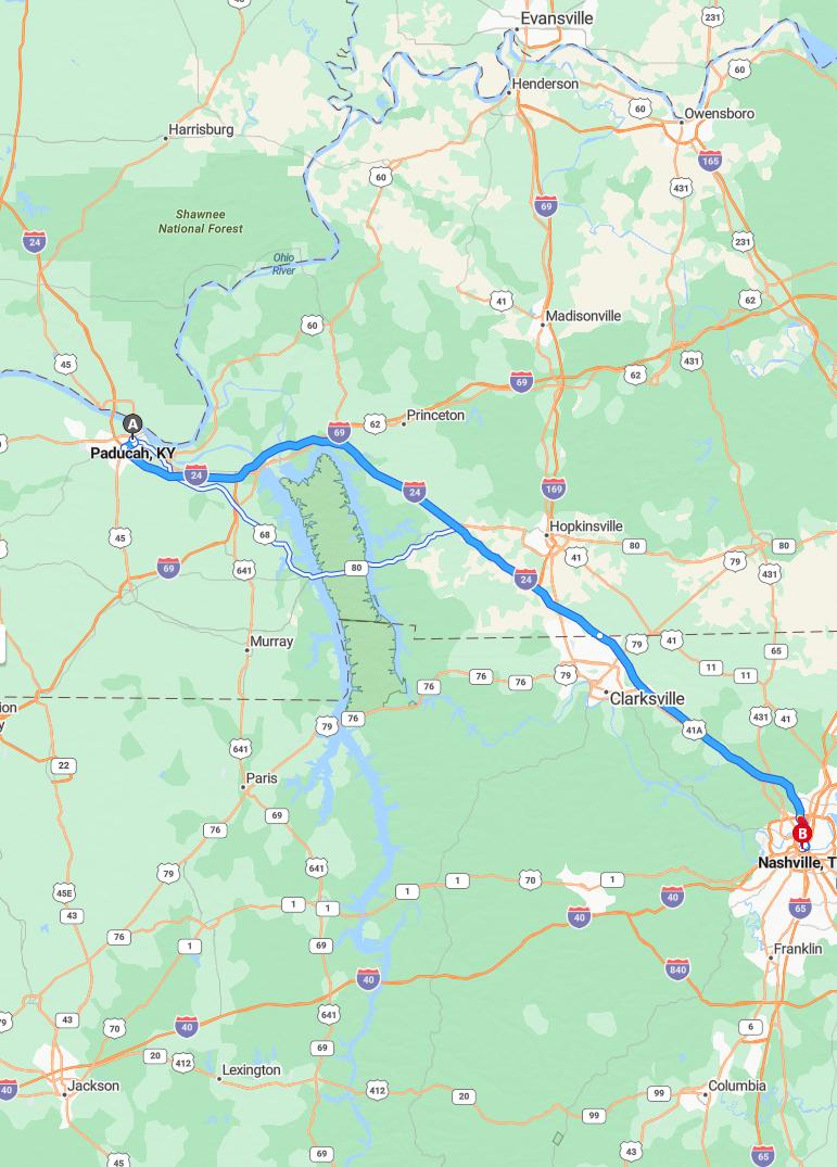 driving from Paducah, Kentucky to NashvilleTennessee - map and route