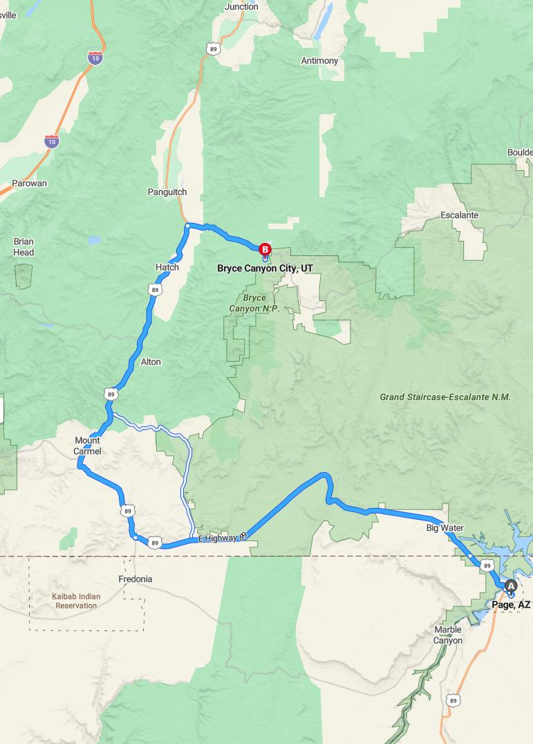 driving from Page, Arizona to BryceUtah - map and route