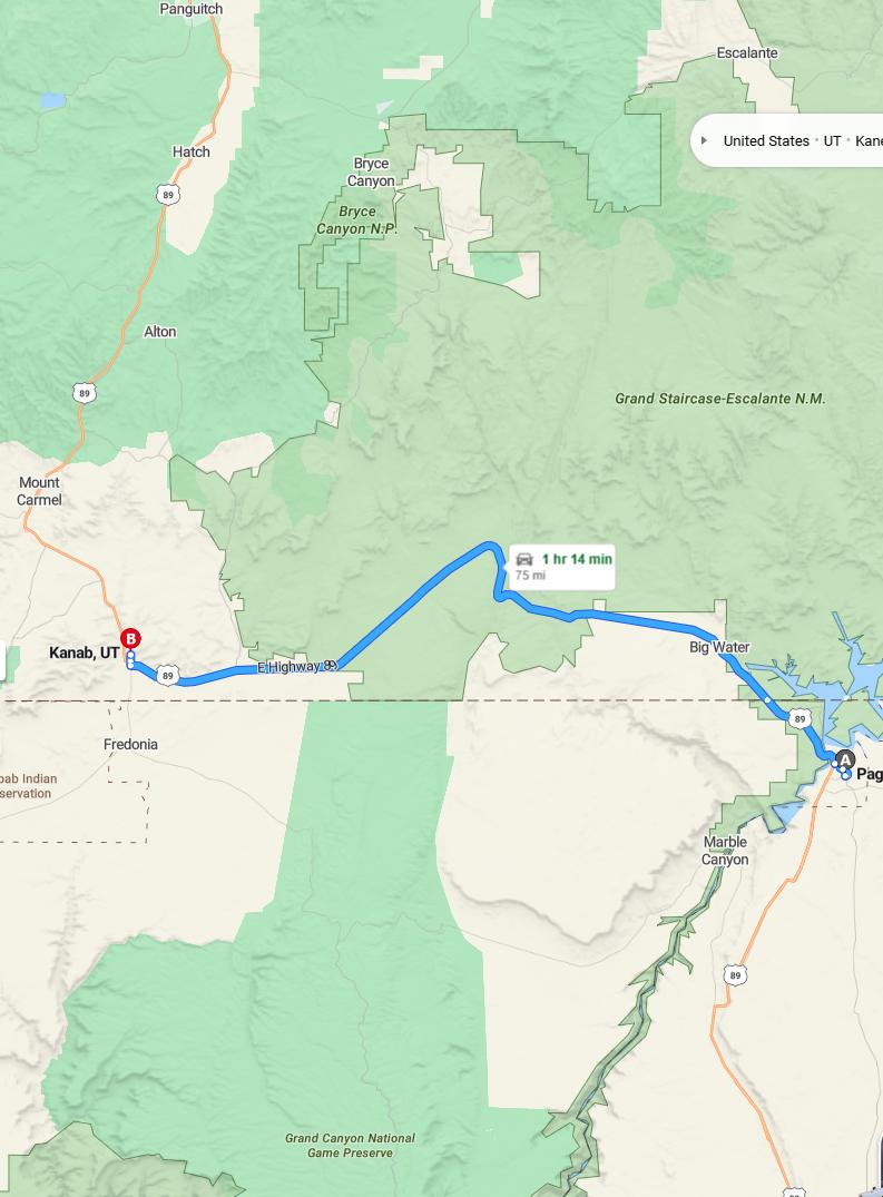 driving from Page, Arizona to KanabUtah - map and route