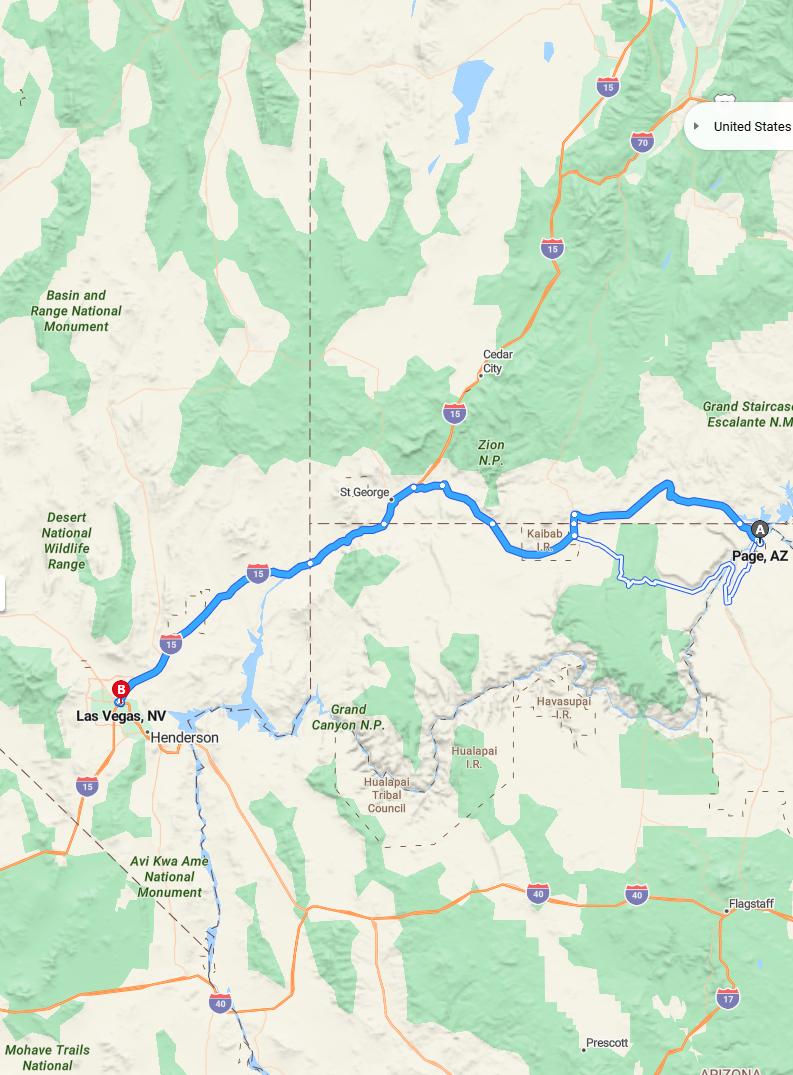 driving from Page, Arizona to Las VegasNevada - map and route