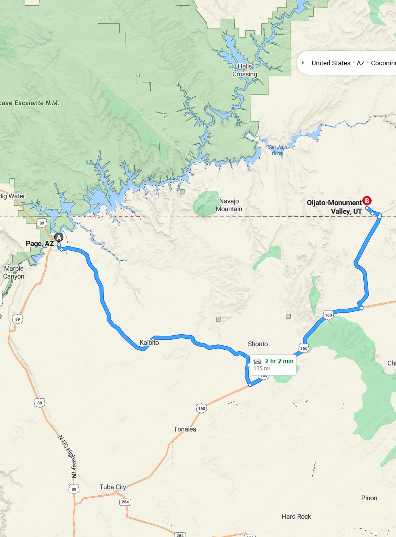 driving from Page, Arizona to Monument ValleyUtah - map and route