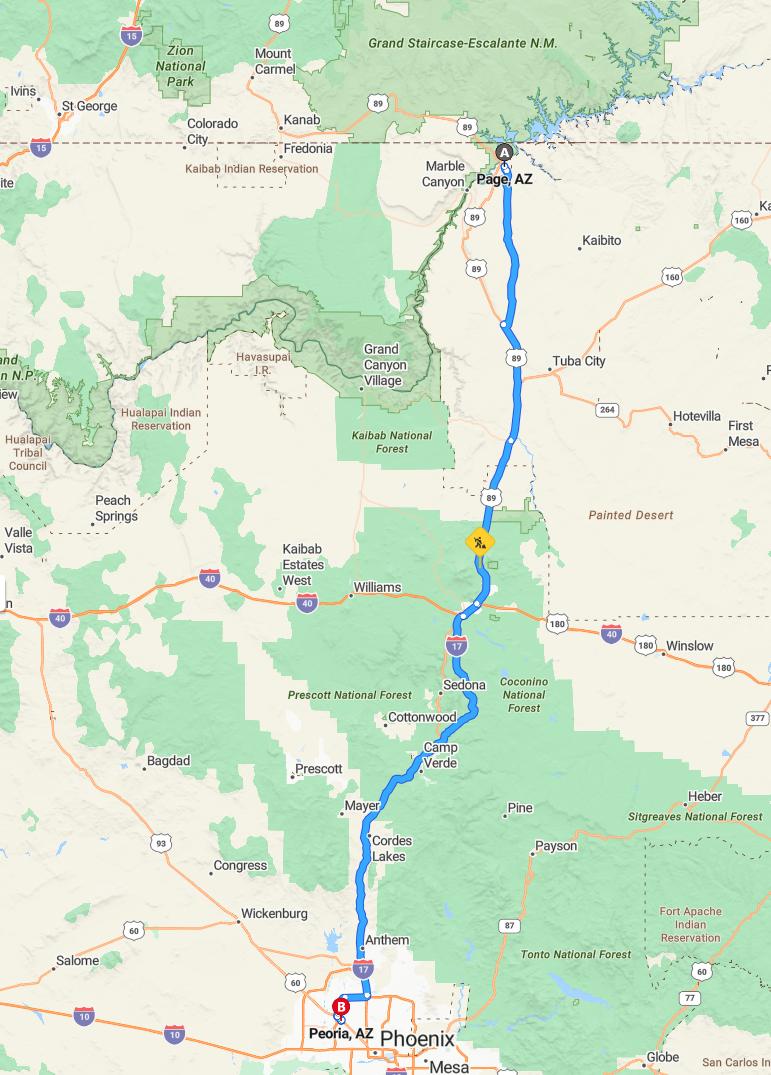 driving from Page, Arizona to PeoriaArizona - map and route