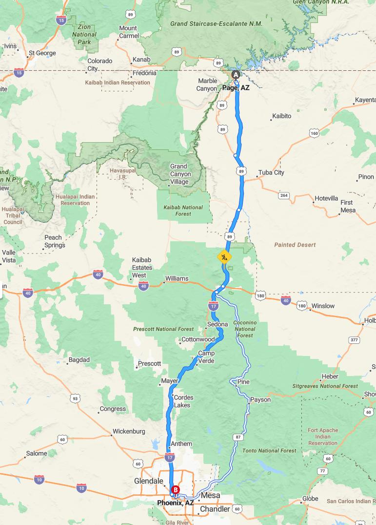 driving from Page, Arizona to PhoenixArizona - map and route