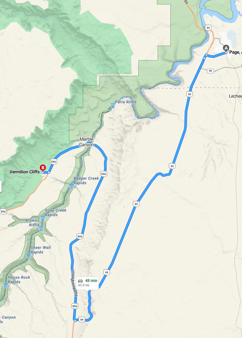 driving from Page, Arizona to Vermilion CliffsArizona - map and route