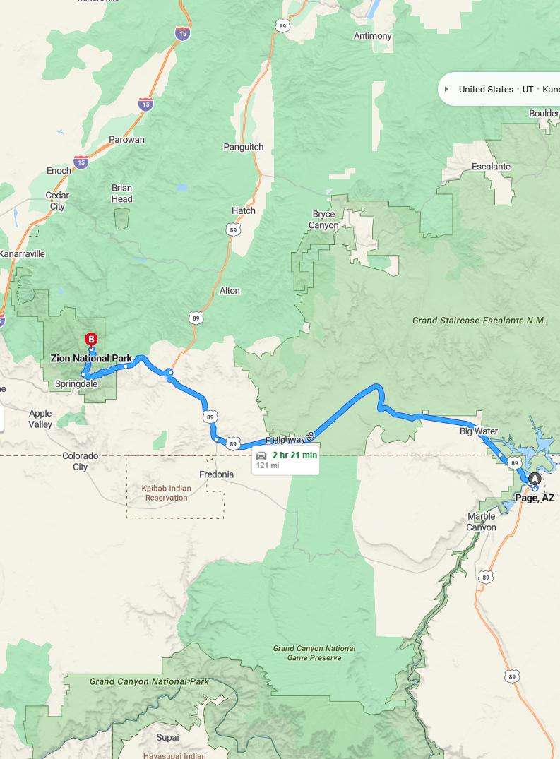 driving from Page, Arizona to ZionUtah - map and route