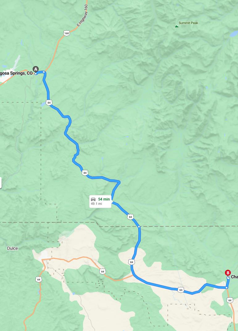 driving from Pagosa Springs, Colorado to ChamaNew Mexico - map and route