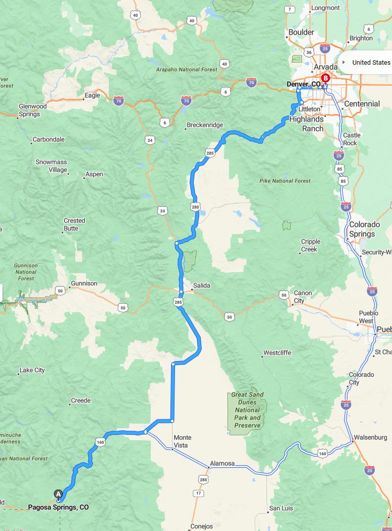 driving from Pagosa Springs, Colorado to DenverColorado - map and route