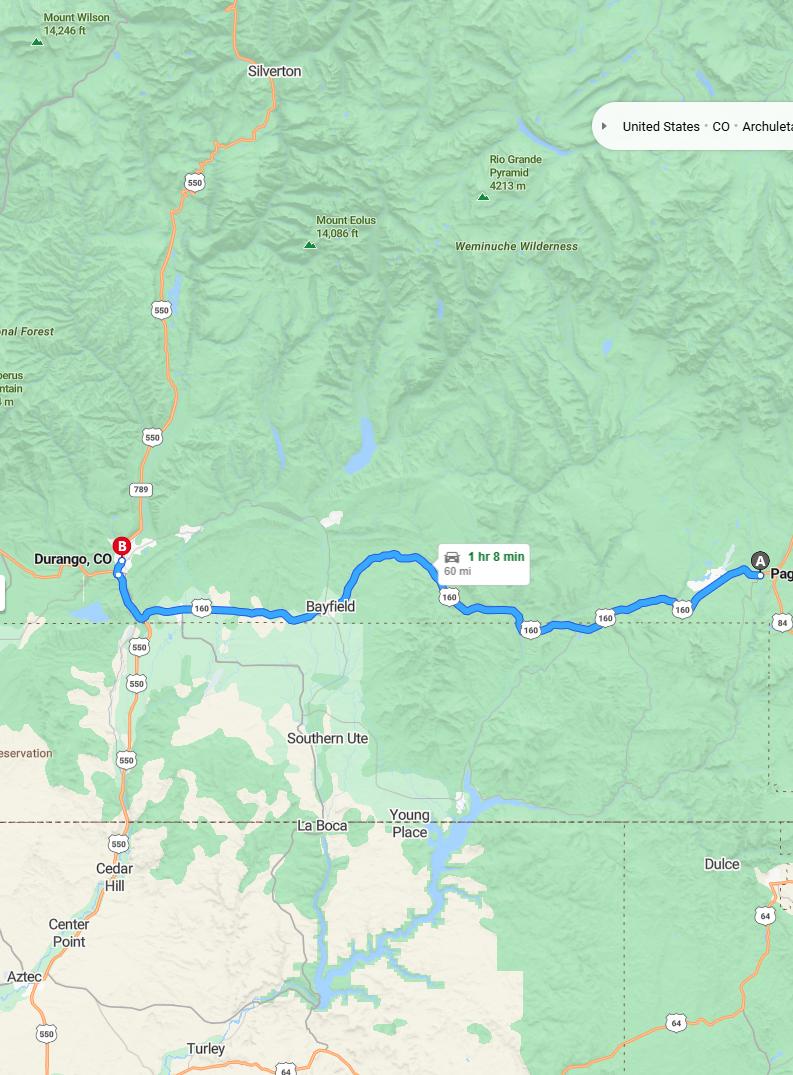 driving from Pagosa Springs, Colorado to DurangoColorado - map and route
