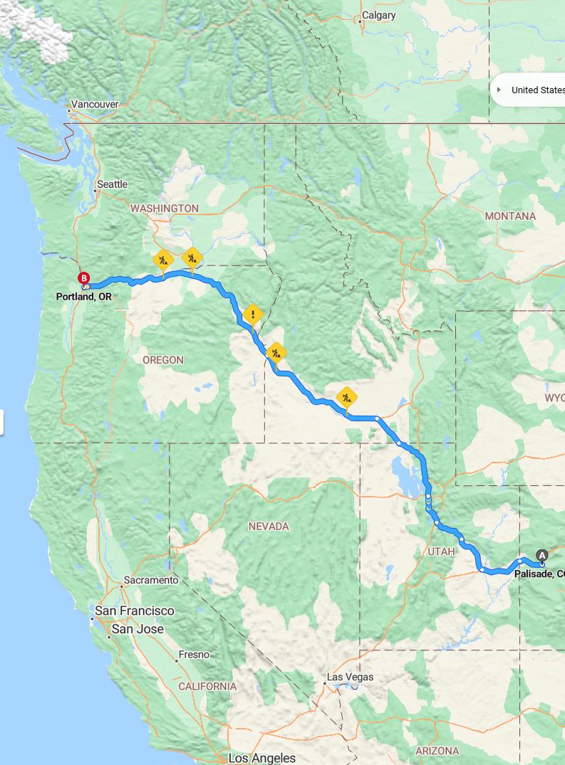 driving from Palisade, Colorado to PortlandOregon - map and route