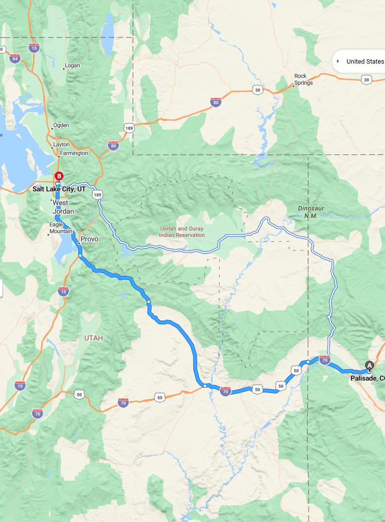driving from Palisade, Colorado to Salt Lake CityUtah - map and route