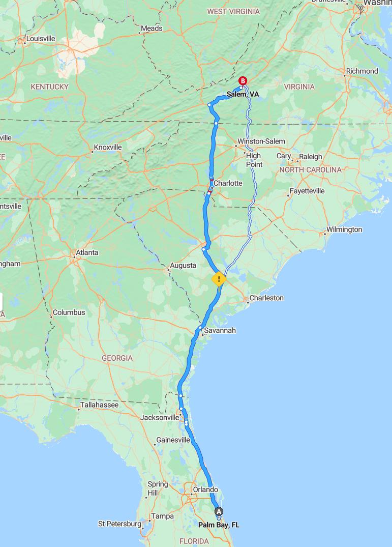 driving from Palm Bay, Florida to SalemVirginia - map and route