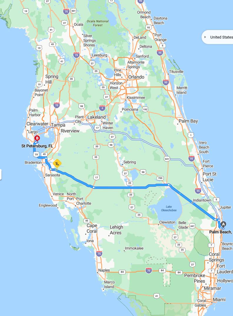 driving from Palm Beach, Florida to St. PetersburgFlorida - map and route