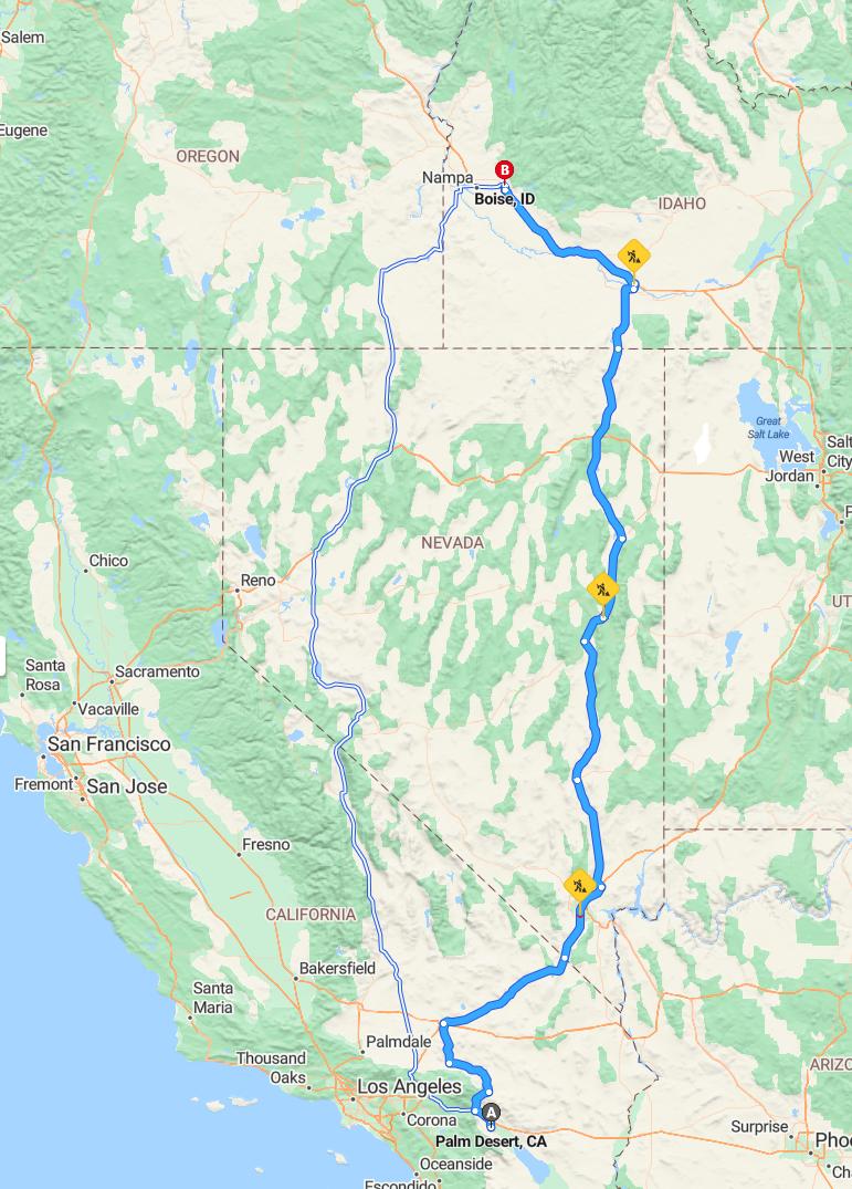driving from Palm Desert, California to BoiseIdaho - map and route