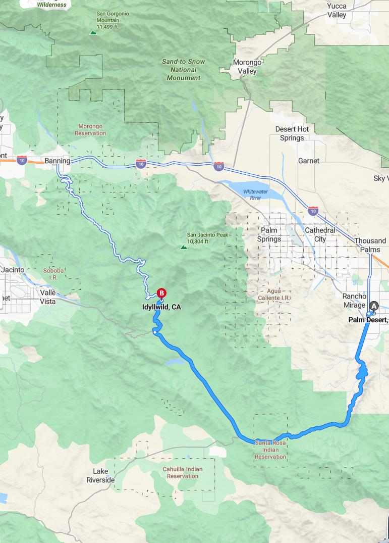 driving from Palm Desert, California to IdyllwildCalifornia - map and route